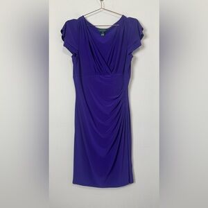 Lauren Ralph Lauren Purple Faux Wrap Ruched Midi Dress Size 12